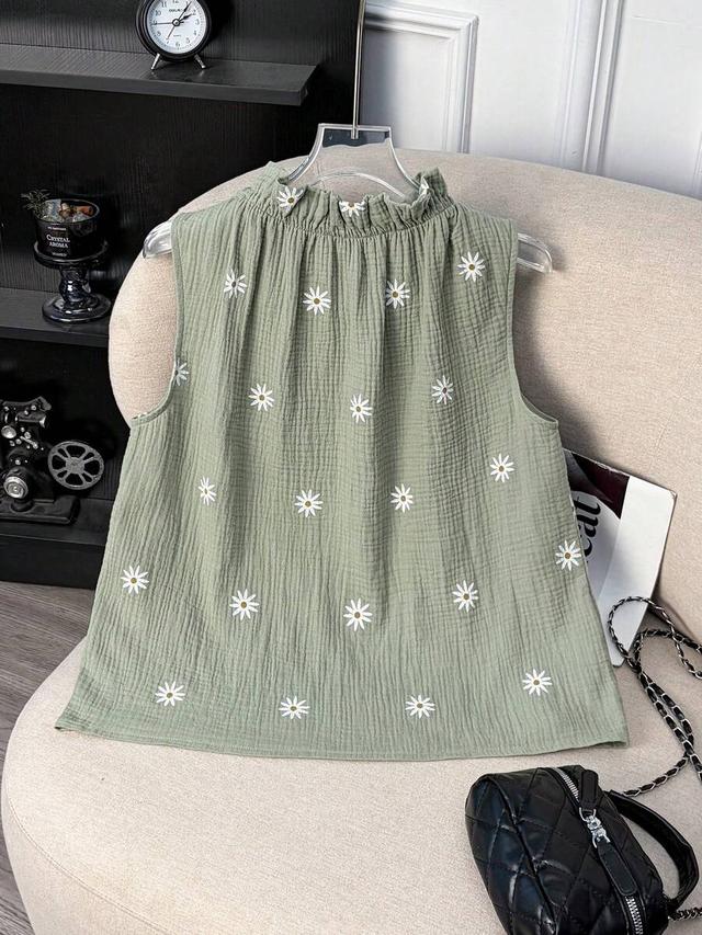 sage green cotton sleeveless daisy embroidered ruffled top