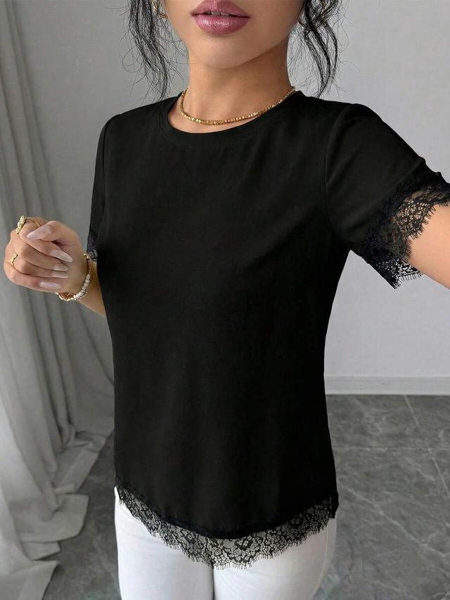 black elegant lace patchwork casual blouse