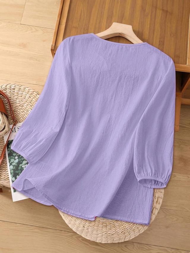 gloweve women's purple v-neck embroidered short sleeve blouse