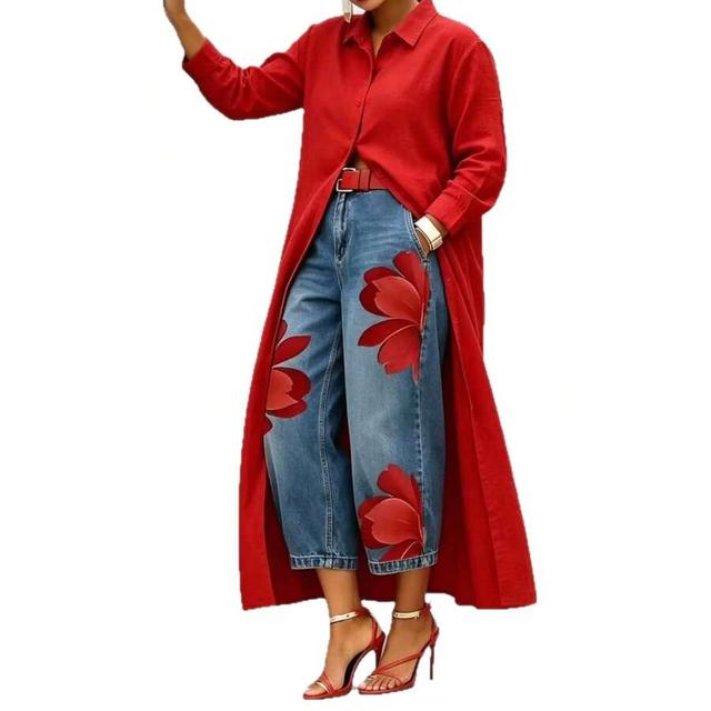 red vintage floral print loose baggy cropped denim jeans