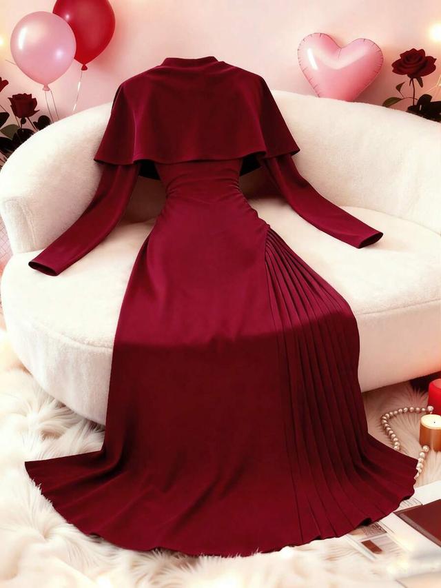 burgundy asymmetric pleated shawl collar evening gown