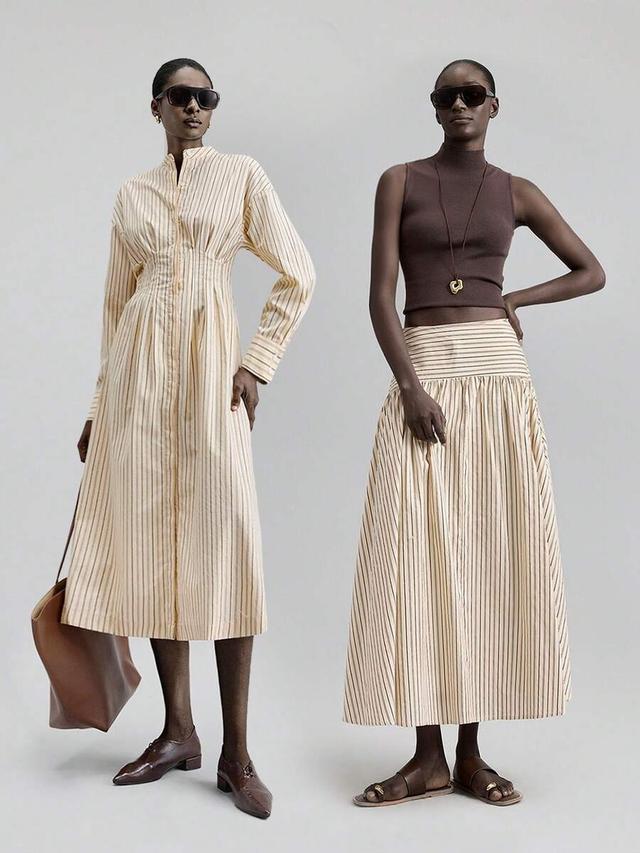 beige striped cotton a-line midi skirt
