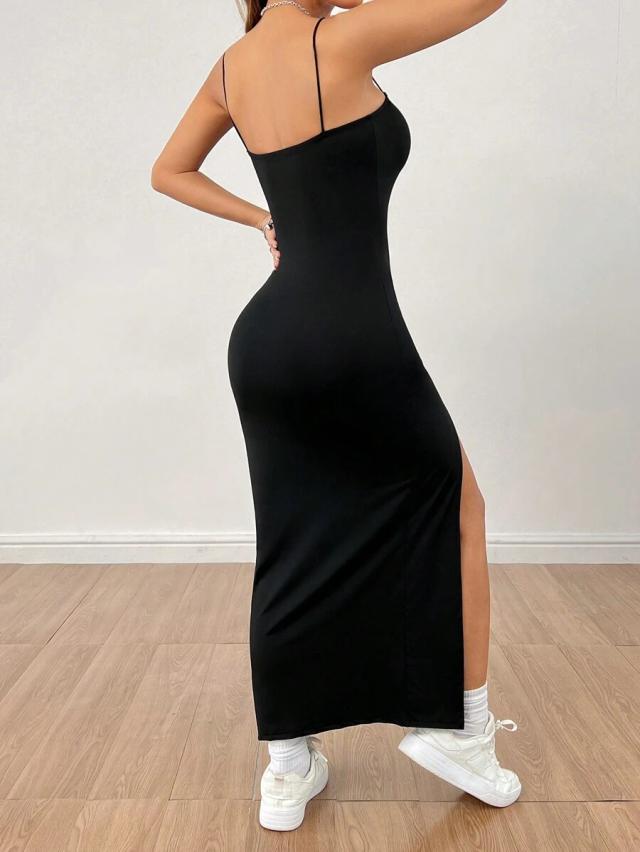 solid black spaghetti strap high slit maxi dress