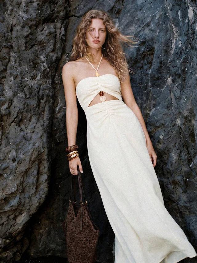 off-white motf premium vacation cropped halter cinched waist dress