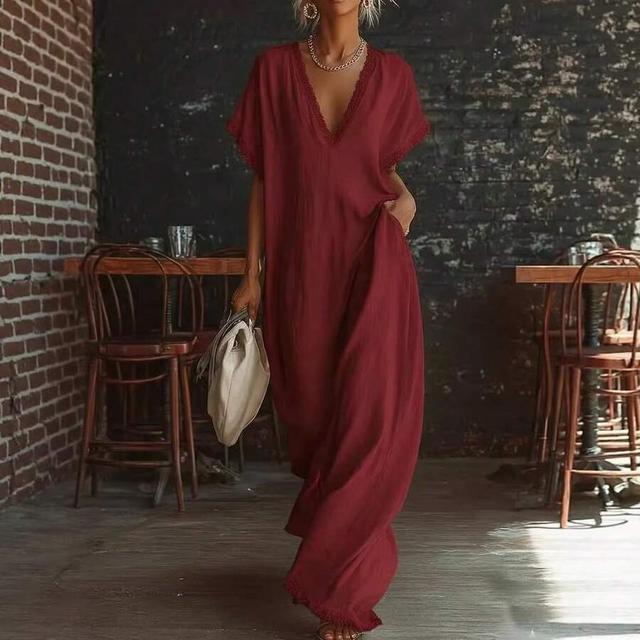 maroon kaftan dress with lace trim
