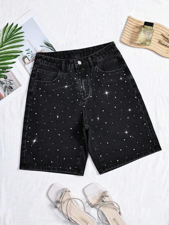 black rhinestone embellished washed straight leg denim shorts