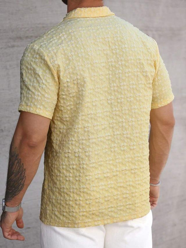 yellow floral textured short sleeve button-down shirt
