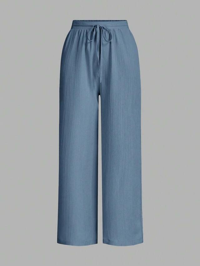 blue waist-tie wide leg loose casual pants