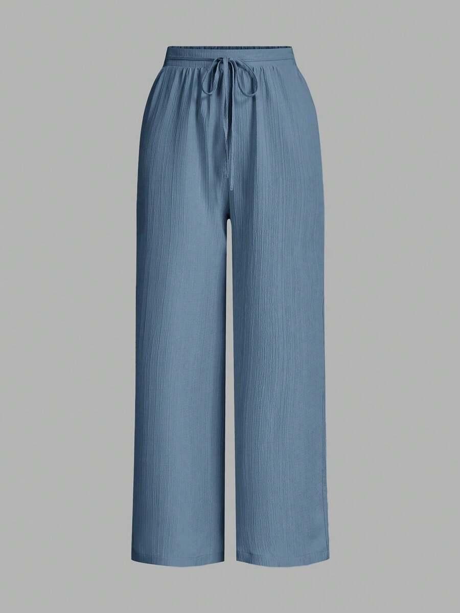 blue waist-tie wide leg loose casual pants