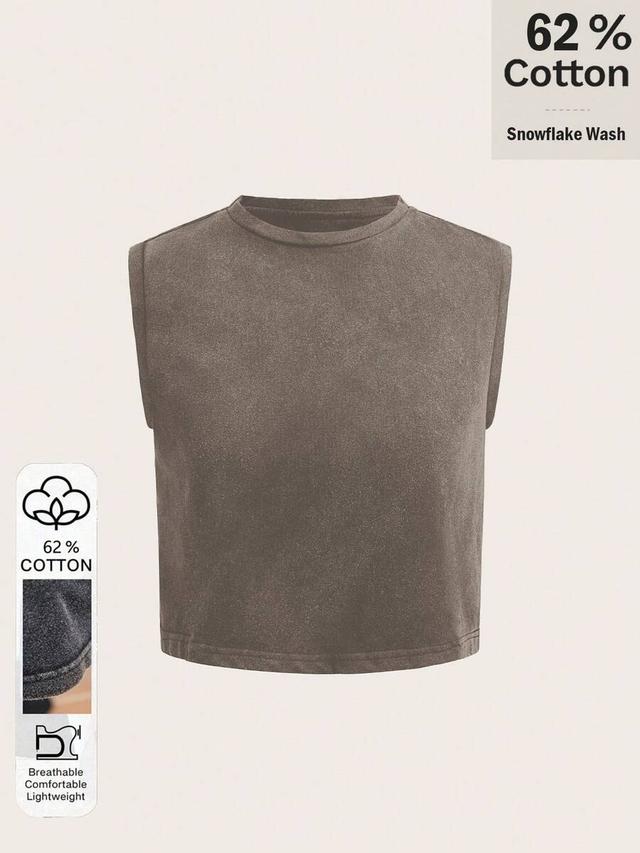 brown cotton sleeveless round neck cropped tank top