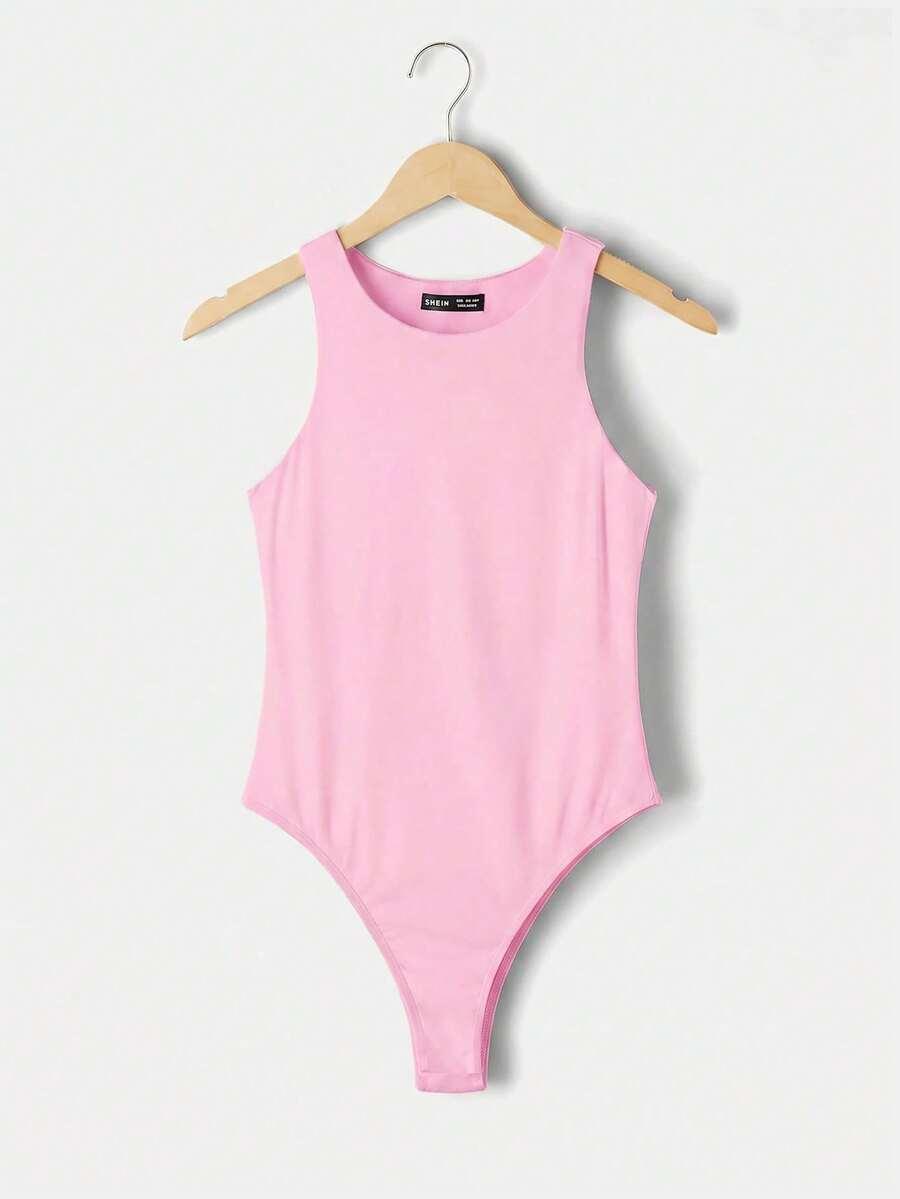 pink casual round neck sleeveless fitted knit bodysuit