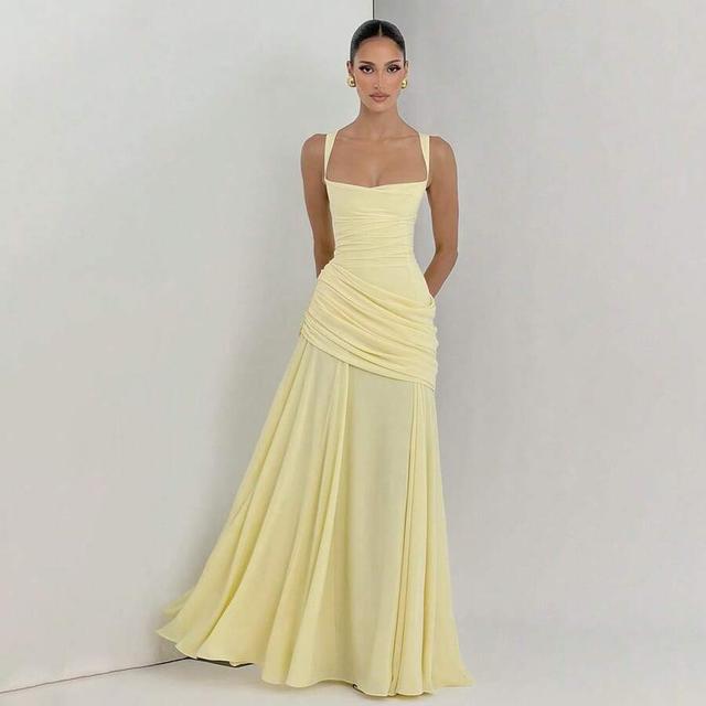 pale yellow draped bodice floor length gown