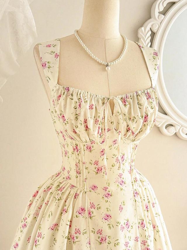 ivory vintage cottagecore floral ruched bodice midi dress