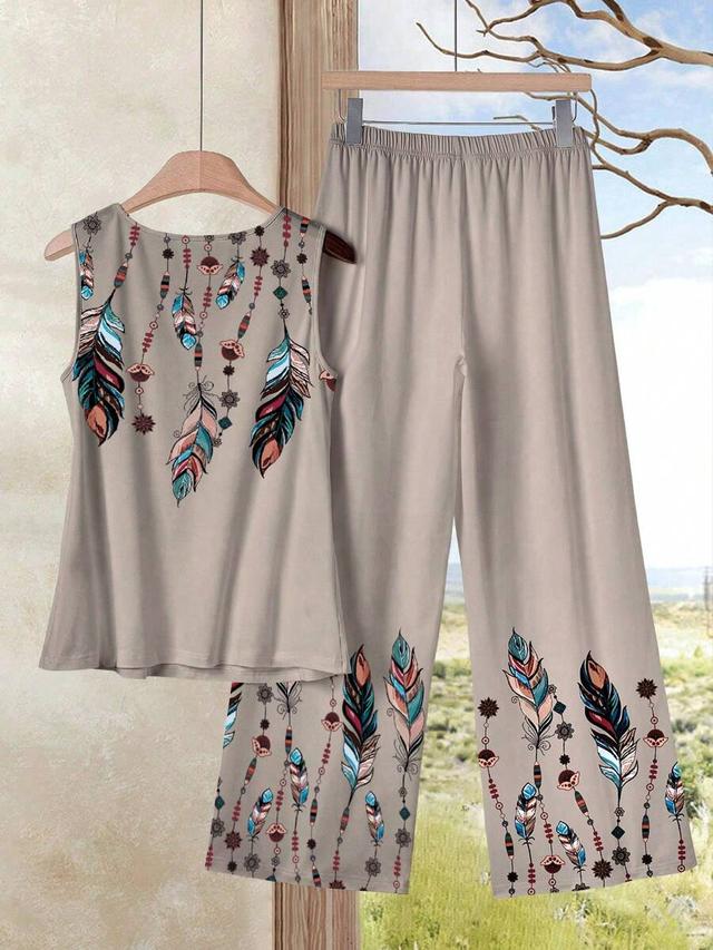 boho feather print sleeveless top and pants set