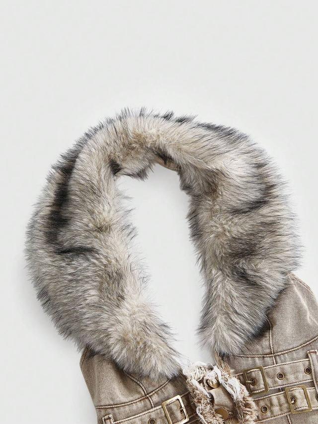 grey y2k distressed denim vest with removable faux fur collar
