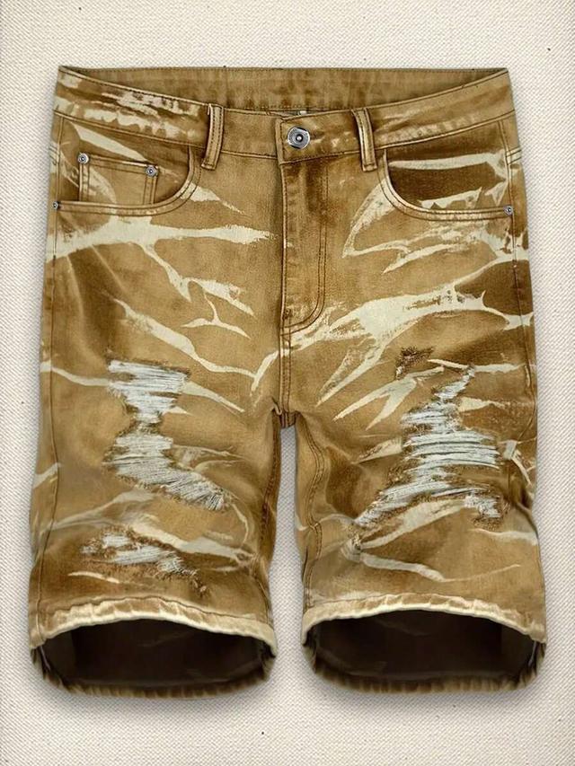 tan men's distressed black stretch denim shorts