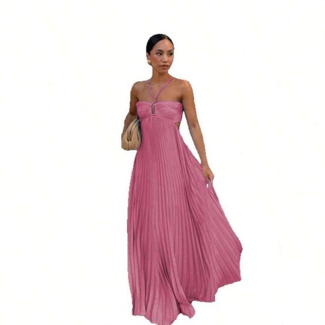 pink pleated halter maxi dress