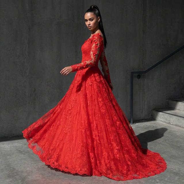 red lace applique long sleeve evening gown