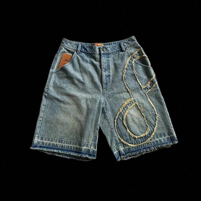 washed blue american retro distressed denim loose five-point shorts
