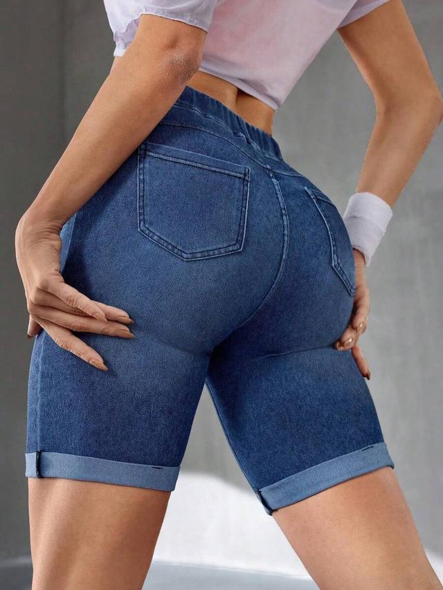high waist stretchy denim bermuda shorts