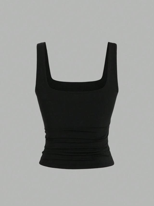 black square neck ruffle trim fitted tank top