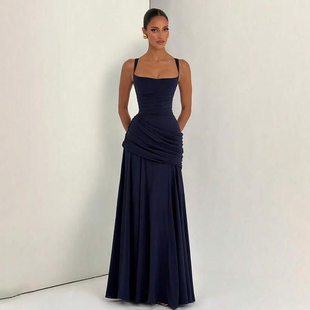 navy draped bodice floor length gown