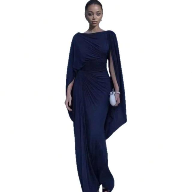 navy blue draped cape sleeve evening gown