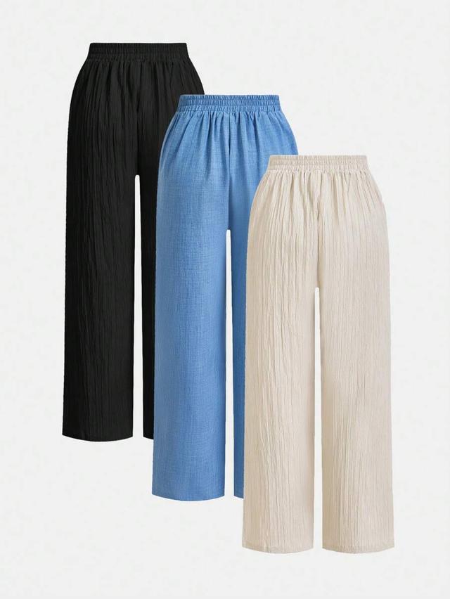 blue waist-tie wide leg casual pants