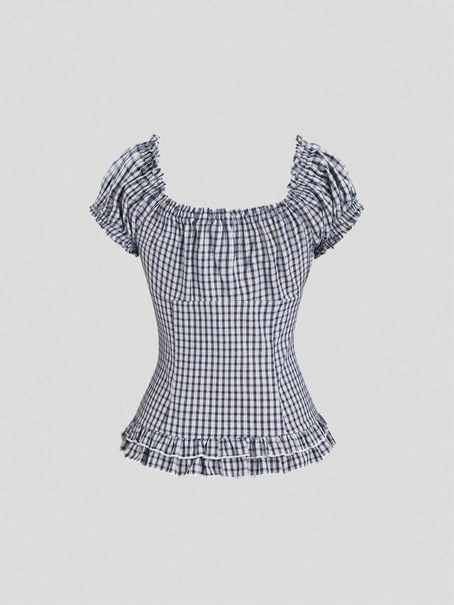 navy blue textured plaid puff sleeve ruffle hem shirt