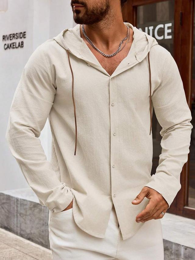 men's cotton linen hooded long sleeve button-up shirt