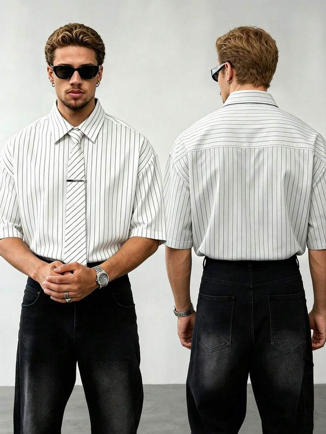 pale white men's striped short sleeve drop shoulder casual shirt
