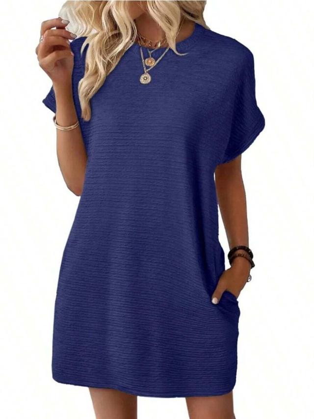 blue textured short sleeve shift dress