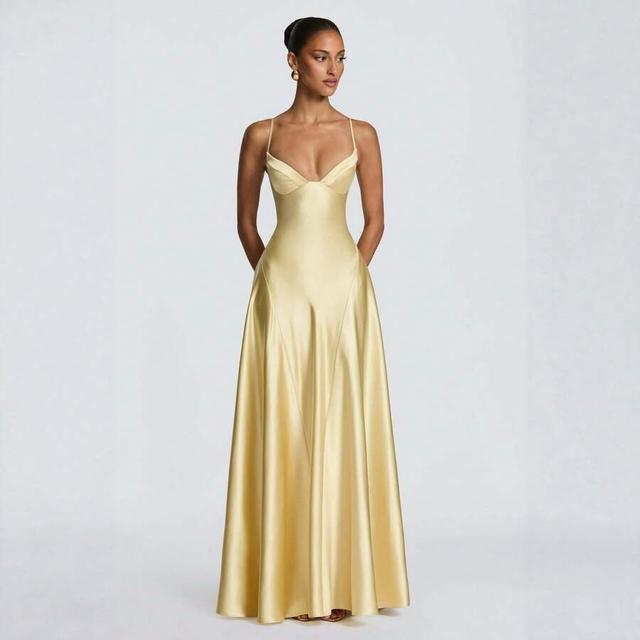 pale yellow satin floor length slip dress