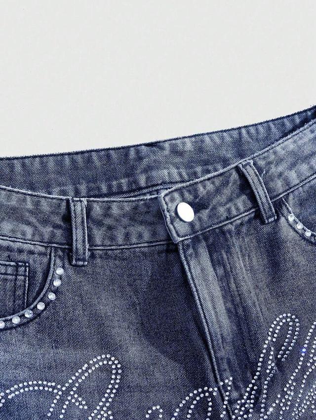 dark blue sparkling diamond embellished denim shorts