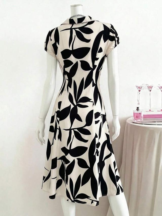 vintage french v-neck beige polka dot a-line dress