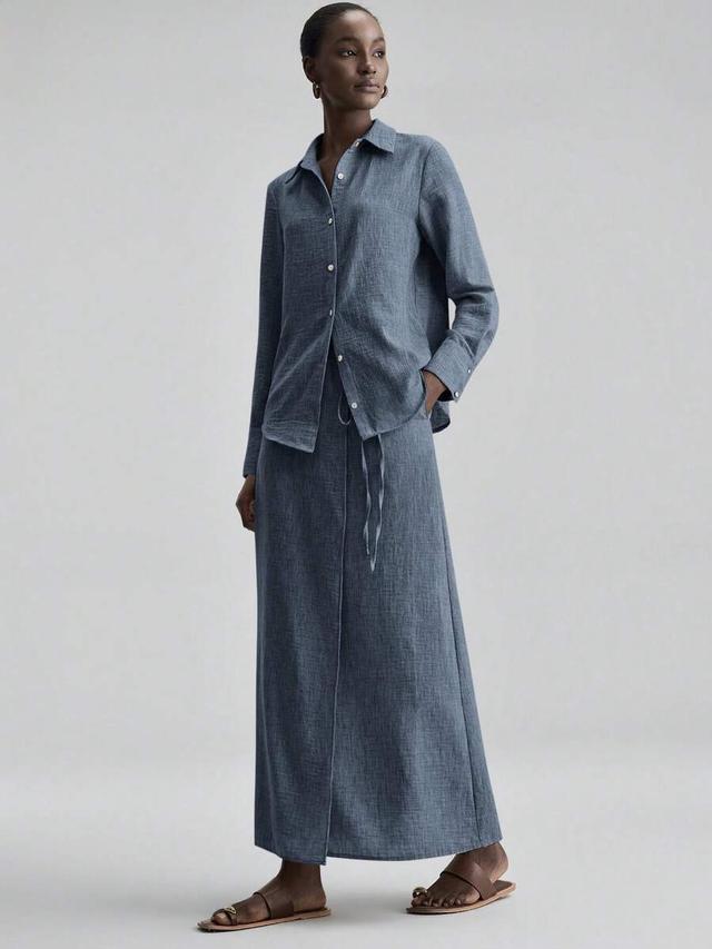 blue woven button shirt and side tie skirt set