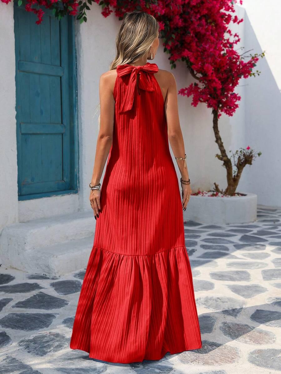 vivid red pleated bohemian holiday maxi dress