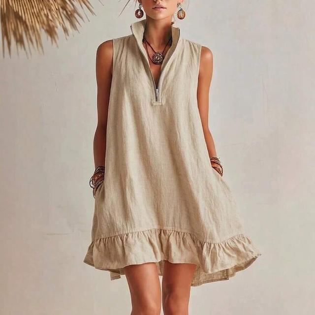 beige linen-blend sleeveless mini dress with half-zip ruffle hem