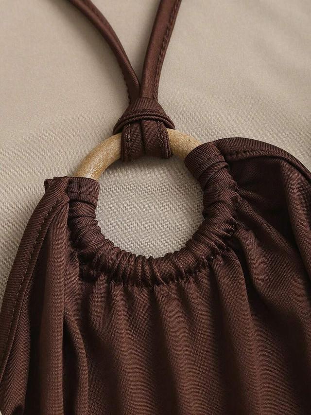 brown chic summer sleeveless scoop neck top with wood ring