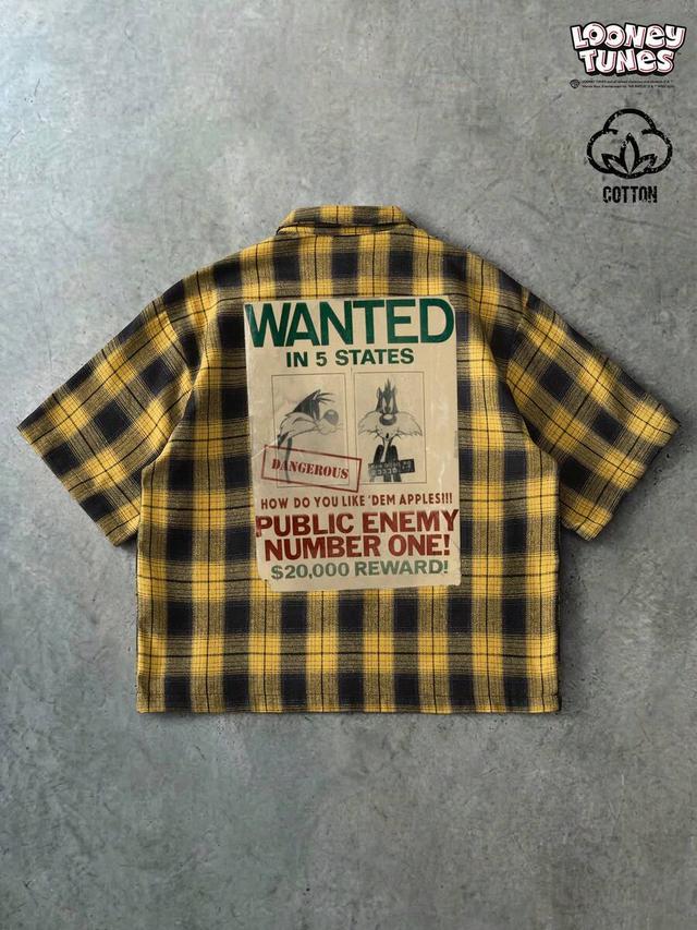 yellow black plaid looney tunes graphic short sleeve shirt