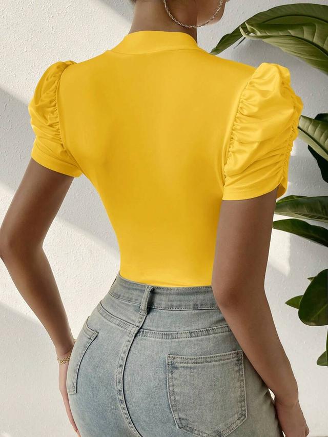yellow puff sleeve wrap front bodysuit