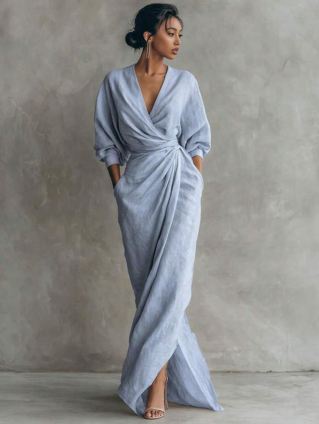 light blue wrap maxi dress with draped waist