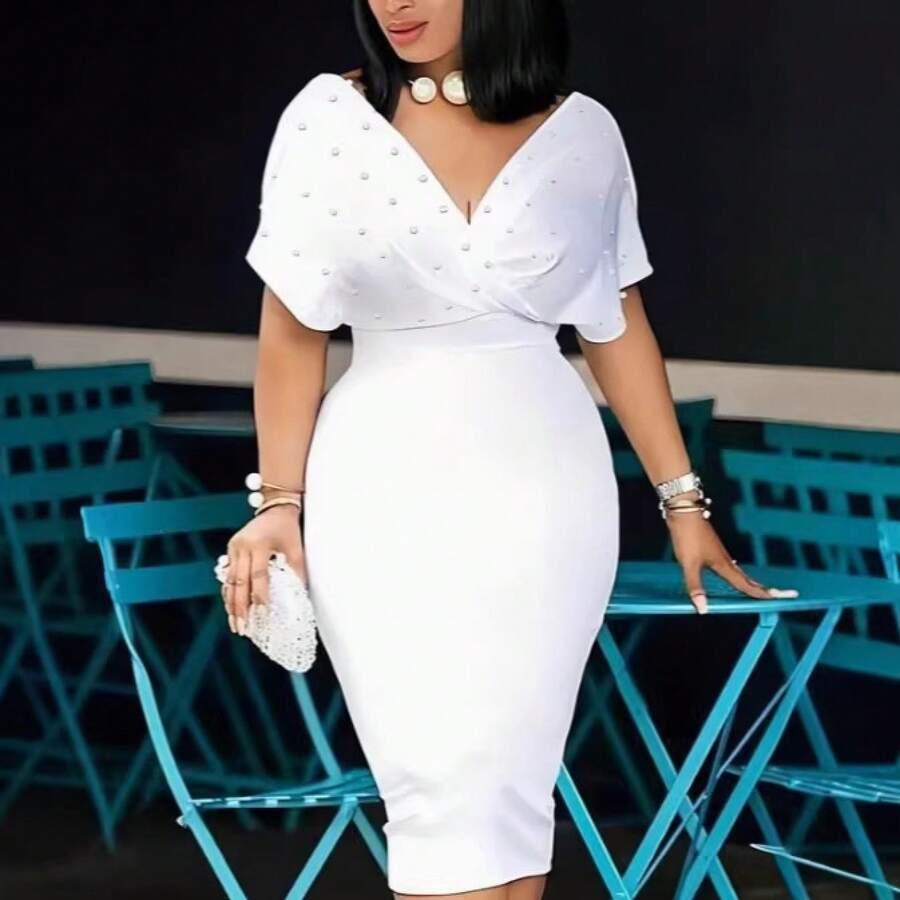 white wrap-front midi dress with pearl detailing