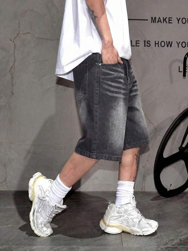 black washed denim straight leg casual shorts