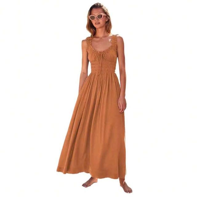 golden tan smocked bodice ruffle strap midi dress
