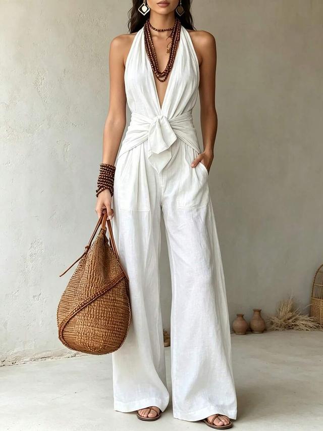 white halter deep v tie waist wide leg jumpsuit