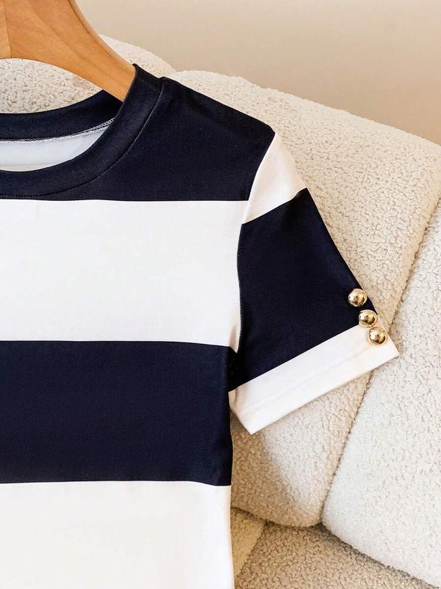 navy and white and white striped sheath dress