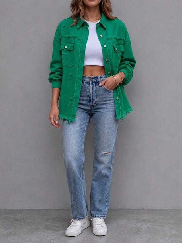 green women's solid distressed fringe denim shirt jacket
