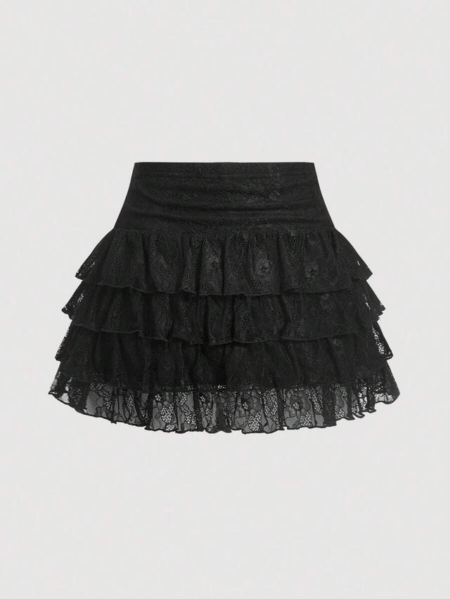 black lace ruffle hem mini skirt