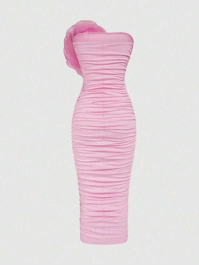 pink solid color pleated bodycon tube maxi dress